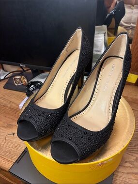 Adrienne Vittadini Black Crystal Peep-Toe Heels